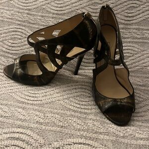 38.5 Jimmy Choo Black and Gold Strappy Heels